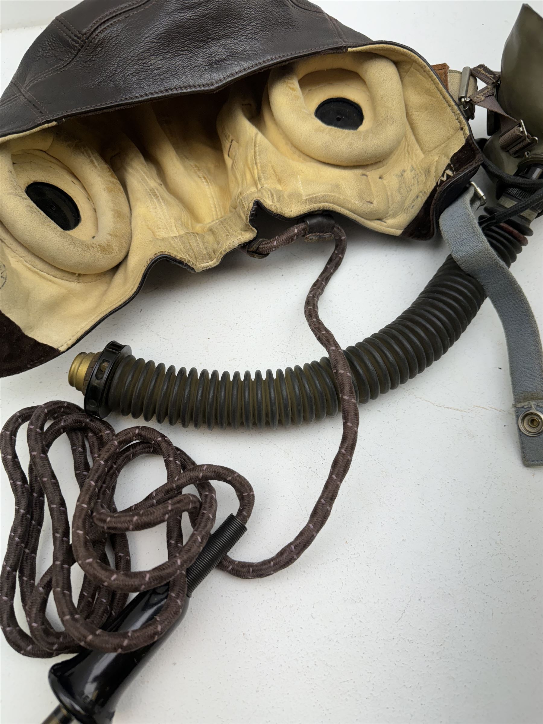 British RAF Flying Helmet complete with AM marked headphones and wiring loom with jack plug, with oxygen mask 