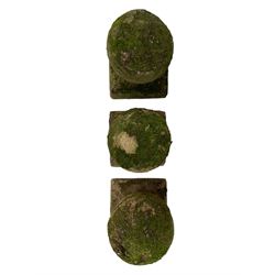 Set of three weathered cast stone gate post finials, circular orb on step-canted square base 