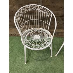 Pair of wrought metal white painted wirework garden chairs - THIS LOT IS TO BE COLLECTED BY APPOINTMENT FROM DUGGLEBY STORAGE, GREAT HILL, EASTFIELD, SCARBOROUGH, YO11 3TX
