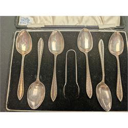 Cased set of six silver coffee spoons and a pair of sugar tongs, hallmarked 