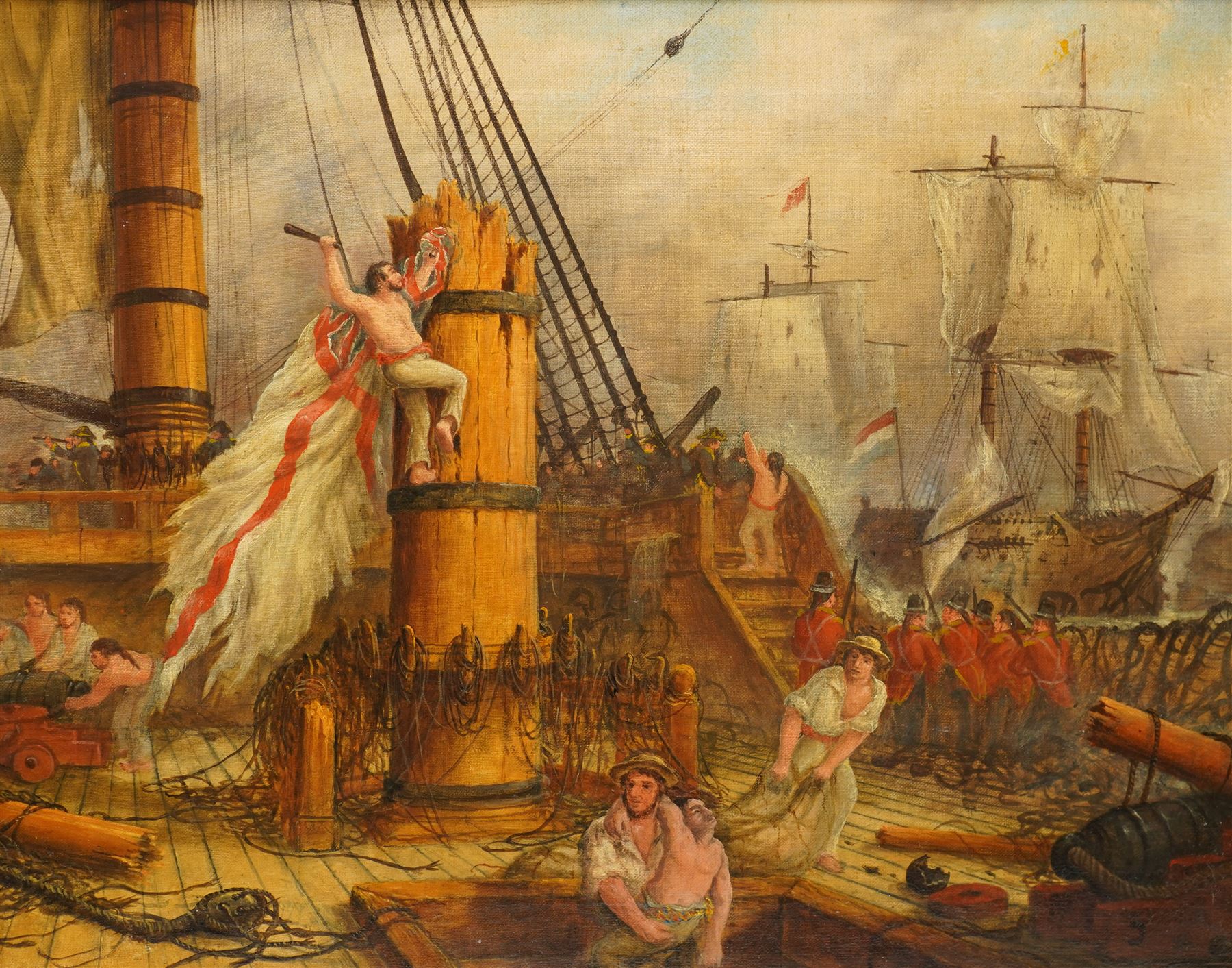 Circle of William Bell Scott (Scottish 1811-1890): Jack Crawford Nailing Colours to the Mast at the Battle of Camperdown (1797), oil on canvas unsigned, indistinctly inscribed verso 41cm x 51cm