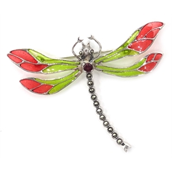  Silver plique-a-jour, marcasite and garnet dragonfly brooch, stamped 925  
