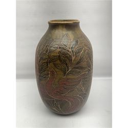 John Egerton (c1945-): studio pottery stoneware vase decorated with red birds in foliage, upon a brown ground, H34cm