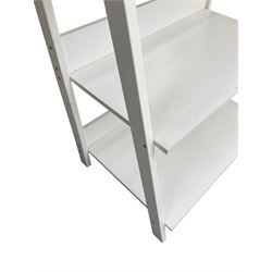 Contemporary white finish shelving unit, five graduating sloped shelves