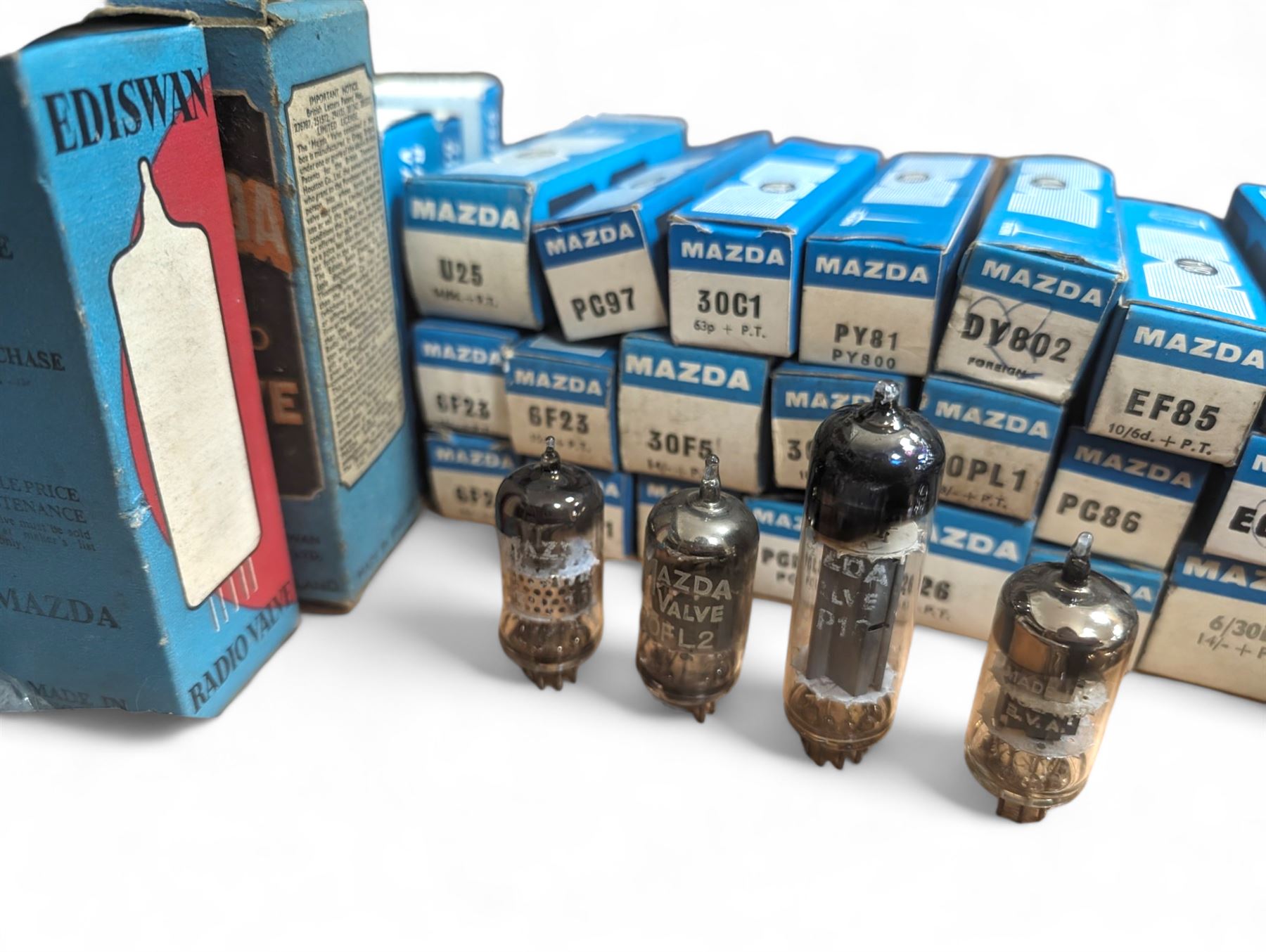 Large collection of Mazda thermionic radio valves/vacuum tubes, including boxed examples and loose bubble wrapped and identified examples