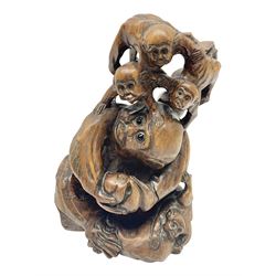 Chinese root carving, modelled as a large monkey family, with inset eyes, H25cm