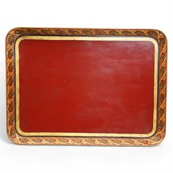 Regency red-japanned and parcel gilt papier-mâché tray, of rectangular form, decorated wit...