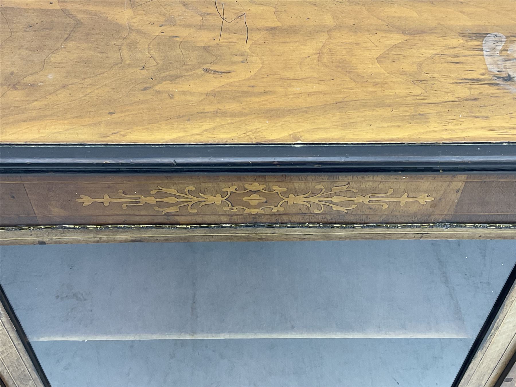 Victorian inlaid walnut pier cabinet, moulded rectangular top over single glazed door, chamfered plinth base, on turned feet 