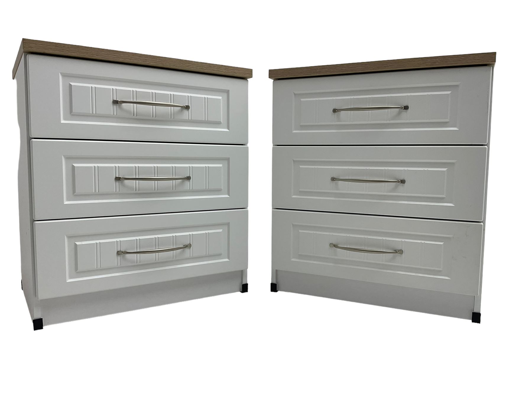 Pair of large oak and white finish three drawer bedside chests