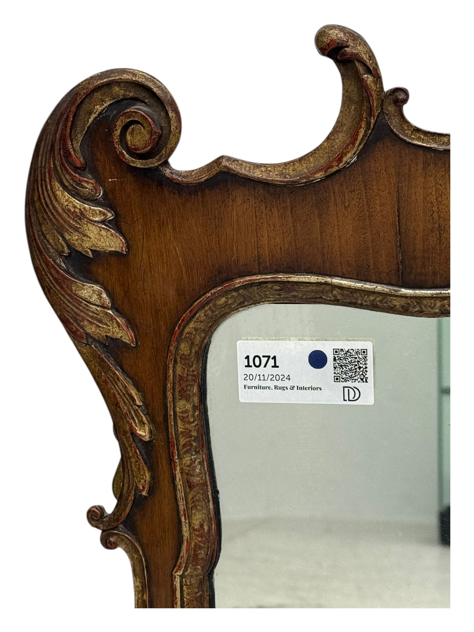 Georgian design walnut and parcel gilt fretwork wall mirror (76cm x 73cm); Chippendale design mahogany fretwork wall mirror, carved with Ho-Ho bird pediment (54cm x 93cm)