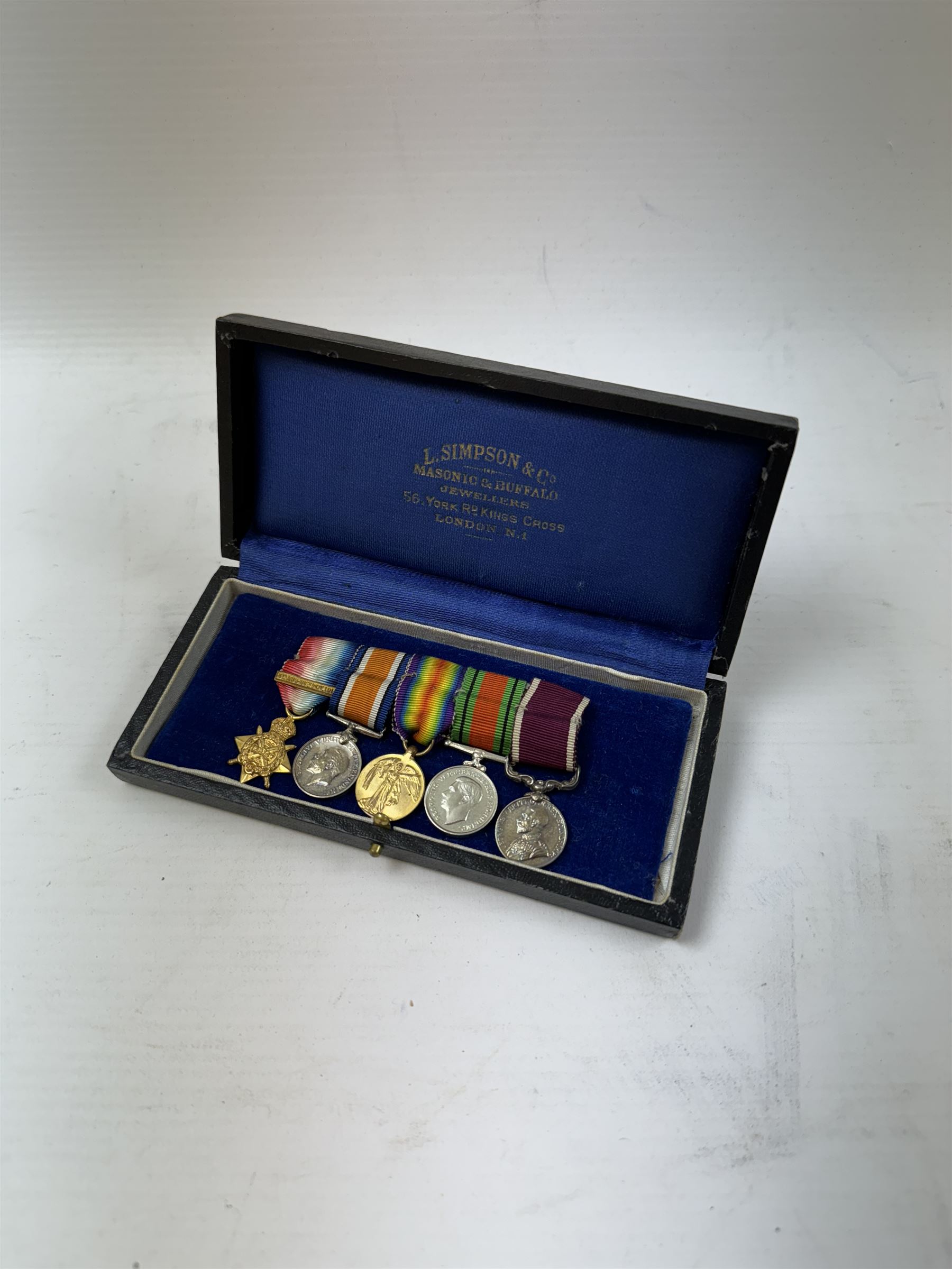 WWI group of five miniature medals including 1914 star with Aug - Nov clasp and George V LSGC