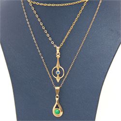 14ct gold sapphire openwork pendant, on a gold plated chain, together with a 9ct gold turquoise pear shaped pendant, on a 9ct gold chain