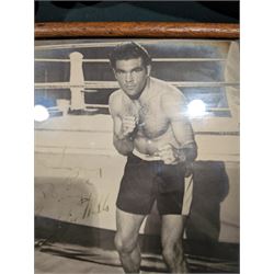 Signed photograph of British boxer Freddie Mills, together with a framed print of boxers Joe Louis and Billy Conn, a signed picture of Giacomo Agostini and a pair of 1930s brown leather boxing gloves