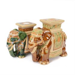 Pair of Majolica style Indian elephant stools, tallest H45cm