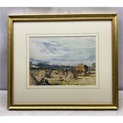 Rowland Henry Hill (Staithes Group 1873-1952): The Summer Harvest Field near Ellerby with Children in the Foreground, watercolour signed and dated 1927, 23.5cm x 32.5cm