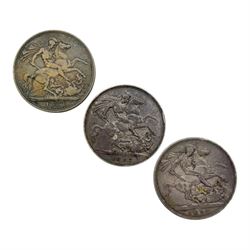 Three Queen Victoria silver crown coins, dated 1891, 1892 and 1897