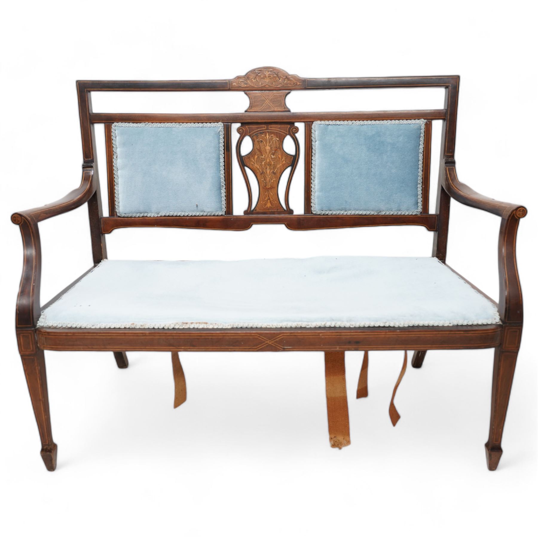 Edwardian inlaid mahogany and rosewood salon suite - two-seat sofa (W112cm, H90cm, D60cm); set of four side chairs (W44cm, H90cm); inlaid with scrolling foliate motifs, upholstered in light blue fabric, on turned supports inlaid with boxwood stringing