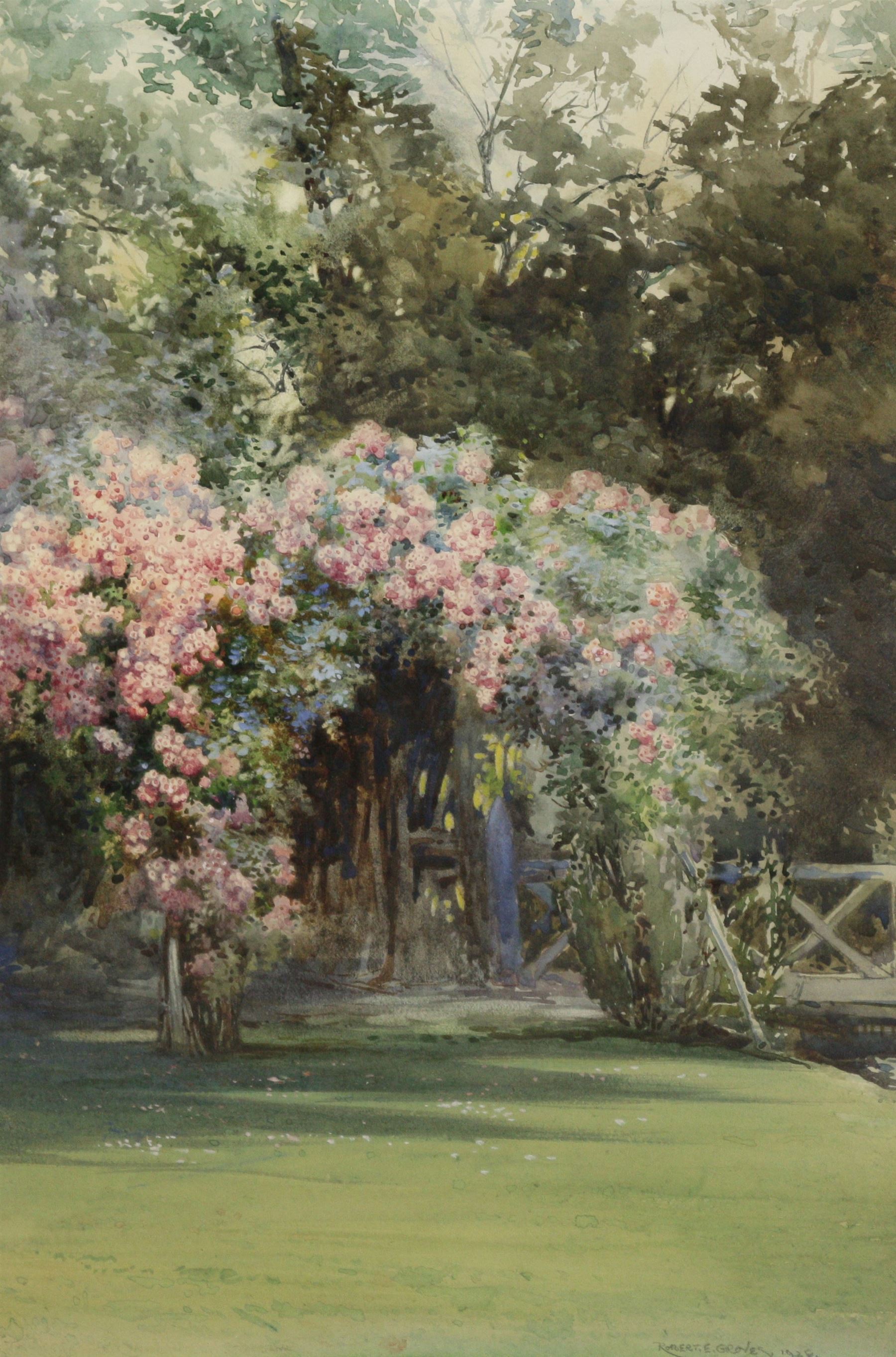 Robert E Groves (British ?-1944): Pink Blossom in the Garden, watercolour signed and dated 1926, 36cm x 25cm 