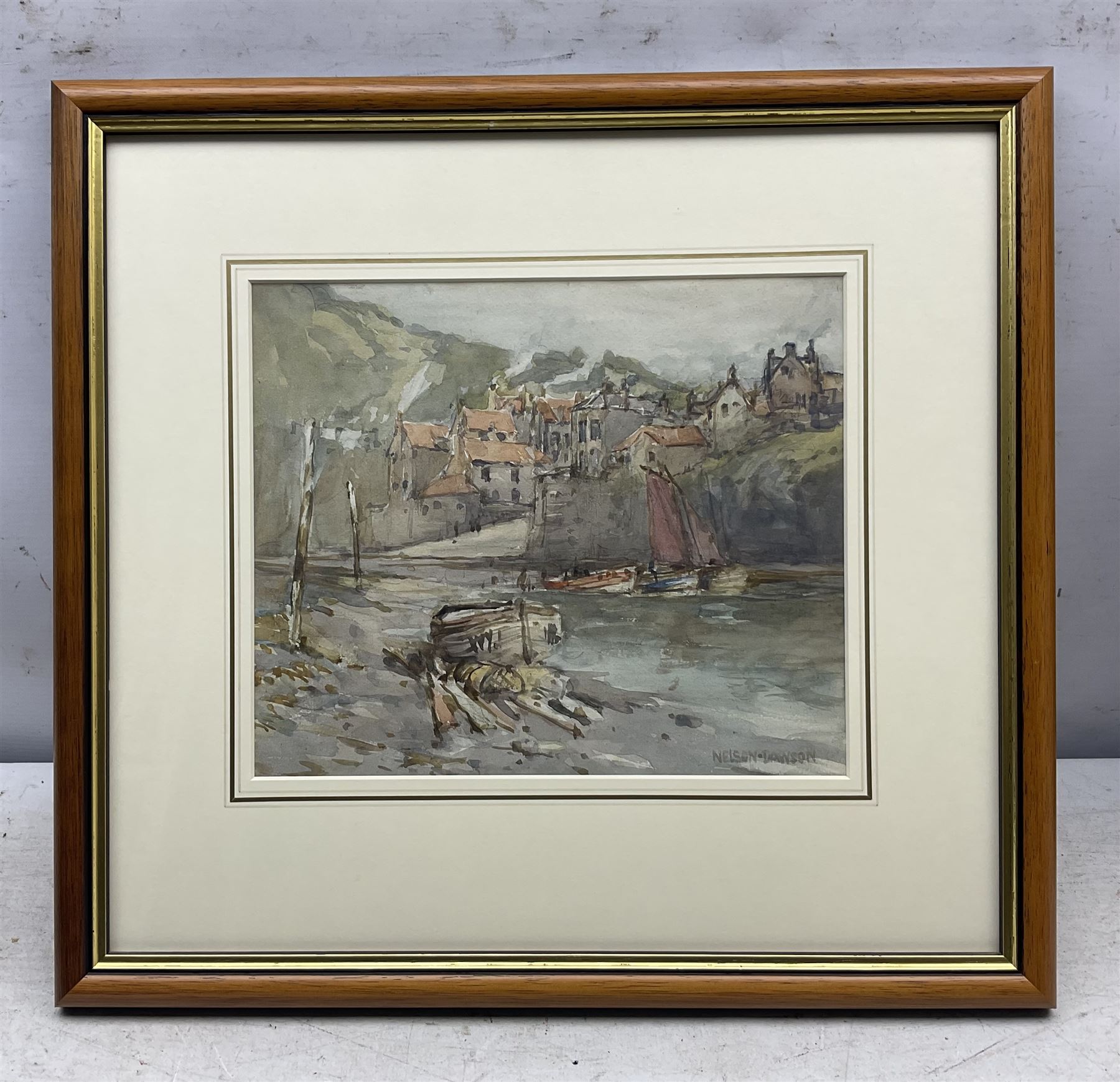 Nelson Ethelred Dawson (British 1860-1941): Fishing Boats at Low Tide Robin Hoods Bay, watercolour signed 21.5cm x 25.5cm