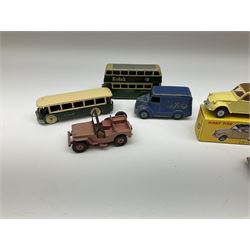 Dinky - Saab 96 die-cast car No.156, boxed; French Atlas 2 CV 'Citroen' Modele 61, boxed; and ten unboxed and playworn models including double deck and single deck buses, Trojan Oxo van, Trojan Esso Van, Jeep etc (12)