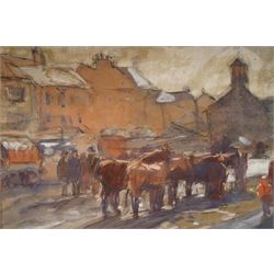 John Atkinson (Staithes Group 1863-1924): Horses and Wagons in the Town Square, watercolou...