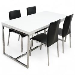 White finish and chrome rectangular dining table (160cm x 75cm, H75cm); and four faux leather chairs