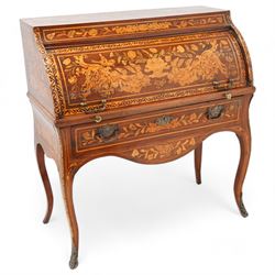 19th century Dutch marquetry cylinder bureau or desk, the cylinder roll inlaid with scrolling acanthus leaves and putti riding dolphins, hook scrolling border, the interior fitted with small drawers, pigeon holes and retractable writing surface, single drawer below inlaid with trailing foliate branches, on cabriole supports with gilt metal mounts