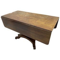 Victorian mahogany supper table, rectangular drop-leaf top with rounded corners, tapered octagonal column on concaved rectangular platform with splayed shaped feet