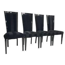 Set of four contemporary ebonised high back dining chairs, upholstered in black velvet fabric