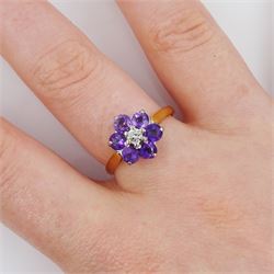 Gold round cut amethyst and round brilliant cut diamond flower head cluster ring, stamped 18ct