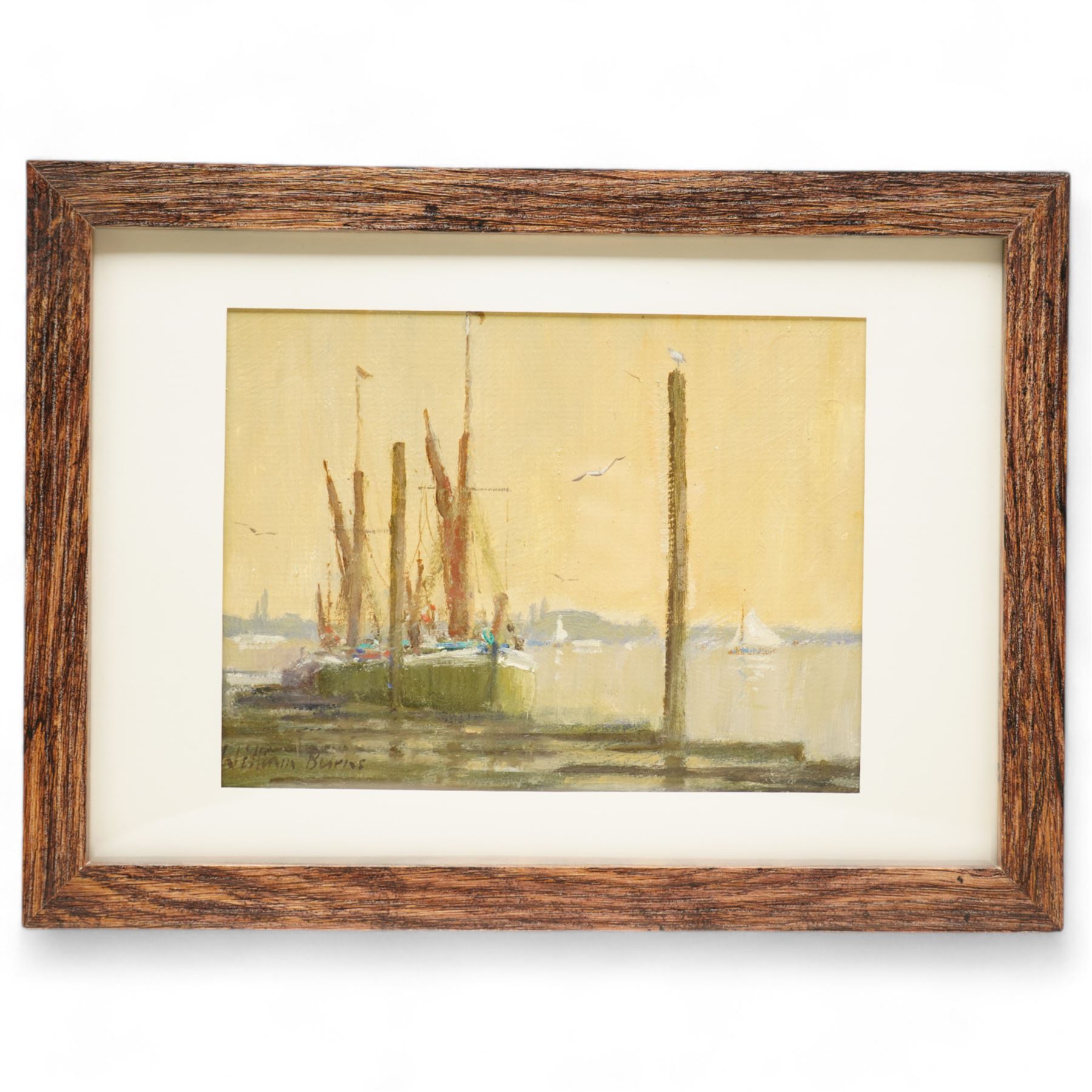 William Burns (Northern British 1923-2010): 'End of the Hard - Pin Mill Suffolk', oil on board signed, titled verso 15cm x 20cm Provenance: Direct from the family of the artist. 
Notes: Born in Sheffield in 1923, William Burns RIBA FSAI FRSA studied at the Sheffield College of Art before the outbreak of the Second World War, during which he helped illustrate the official War Diaries for the North Africa Campaign, and was elected a member of the Armed Forces Art Society. On his return, he studied architecture at Sheffield University and later ran his own successful practice, being a member of the Royal Institute of British Architects. However, painting had always been his self-confessed 'first love', and in the 1970s he gave up architecture to become a full-time artist, having his first one-man exhibition in 1979.