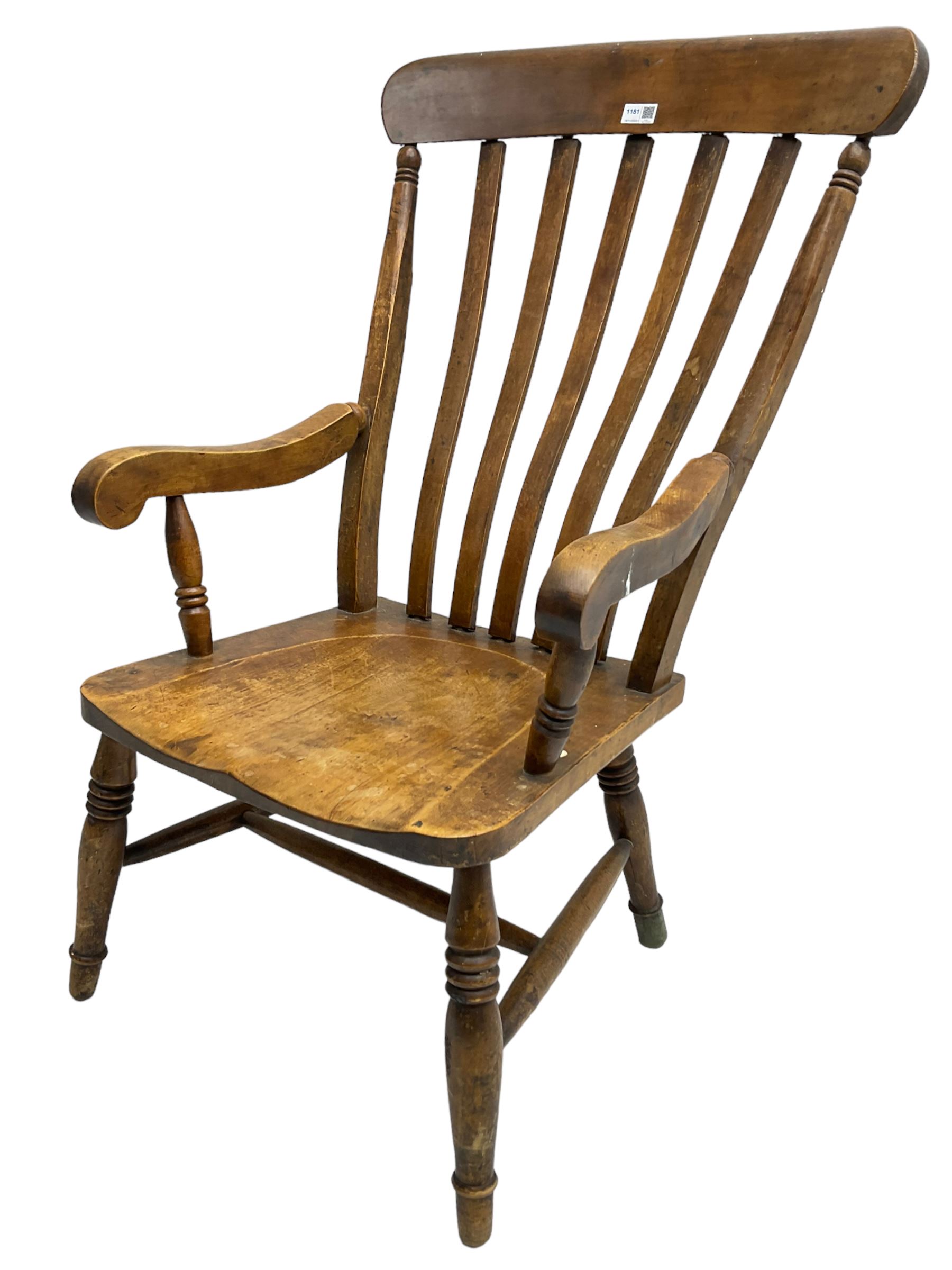 19th century beech Farmhouse armchair, shaped cresting rail over vertical slat back, dished seat on turned supports united by H stretcher 