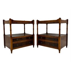 Wade - pair of Georgian design yew wood bedside or lamp tables, each with raised tray top over single shelf, the lower section fitted with two drawers with brass ring handles, raised on turned supports