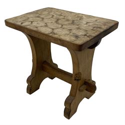 Gnomeman - three oak occasional tables, rectangular adzed top on shaped end supports united by pegged stretcher, each carved with gnome signature, by Thomas Whittaker, Littlebeck, the largest - 46cm x 29cm, H37cm