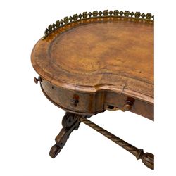 Victorian walnut kidney-shaped writing desk, moulded top with floral cast brass gallery and inset leather writing surface, fitted with three frieze drawers with turned handles, shaped and pierced end supports on raised platforms terminating to splayed feet, united by twist turned and lobe carved stretcher, brass and ceramic castors 