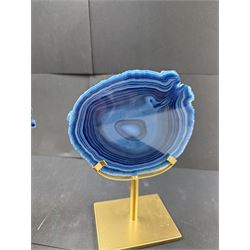 Pair of blue agate slices, polished with rough edges, raised upon gilt metal stands, H20cm