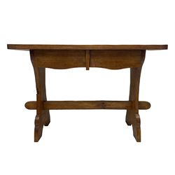 Gnomeman - oak side table, rectangular adzed top over two drawers, on shaped end end supports united by pegged stretcher, carved with gnome signature, by Thomas Whittaker, Littlebeck 