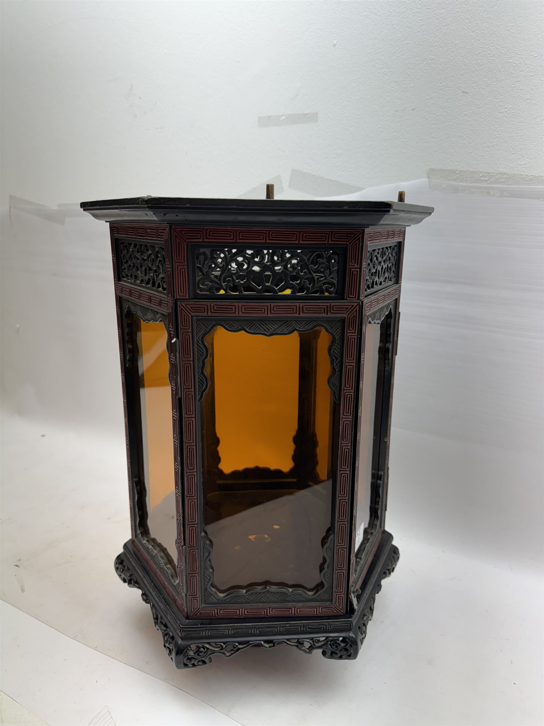 20th century Chinese lacquer lantern of hexagonal form, H34cm