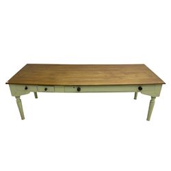 Large 20th century farmhouse style dining table, rectangular oak top on pale green painted base fitted with drawers, on turned supports