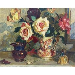 William Charles Penn (British 1877-1968): 'Roses', oil on board signed and dated 1958, titled on label verso 40cm x 50cm