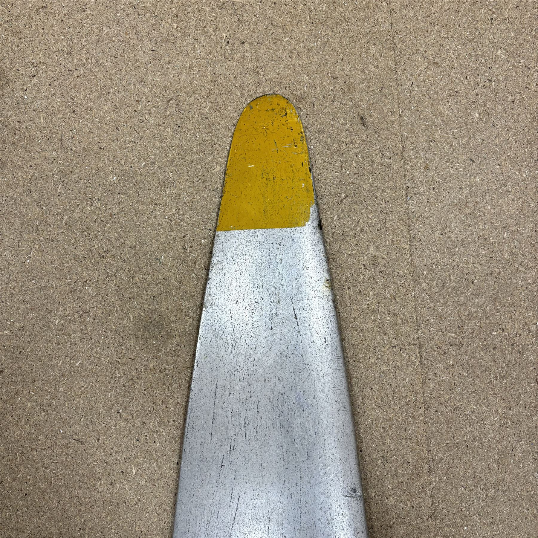 20th century aluminium twin blade aircraft propeller, polished finish with yellow painted tips, central hub with mounting holes, marked FR4322, L200cm