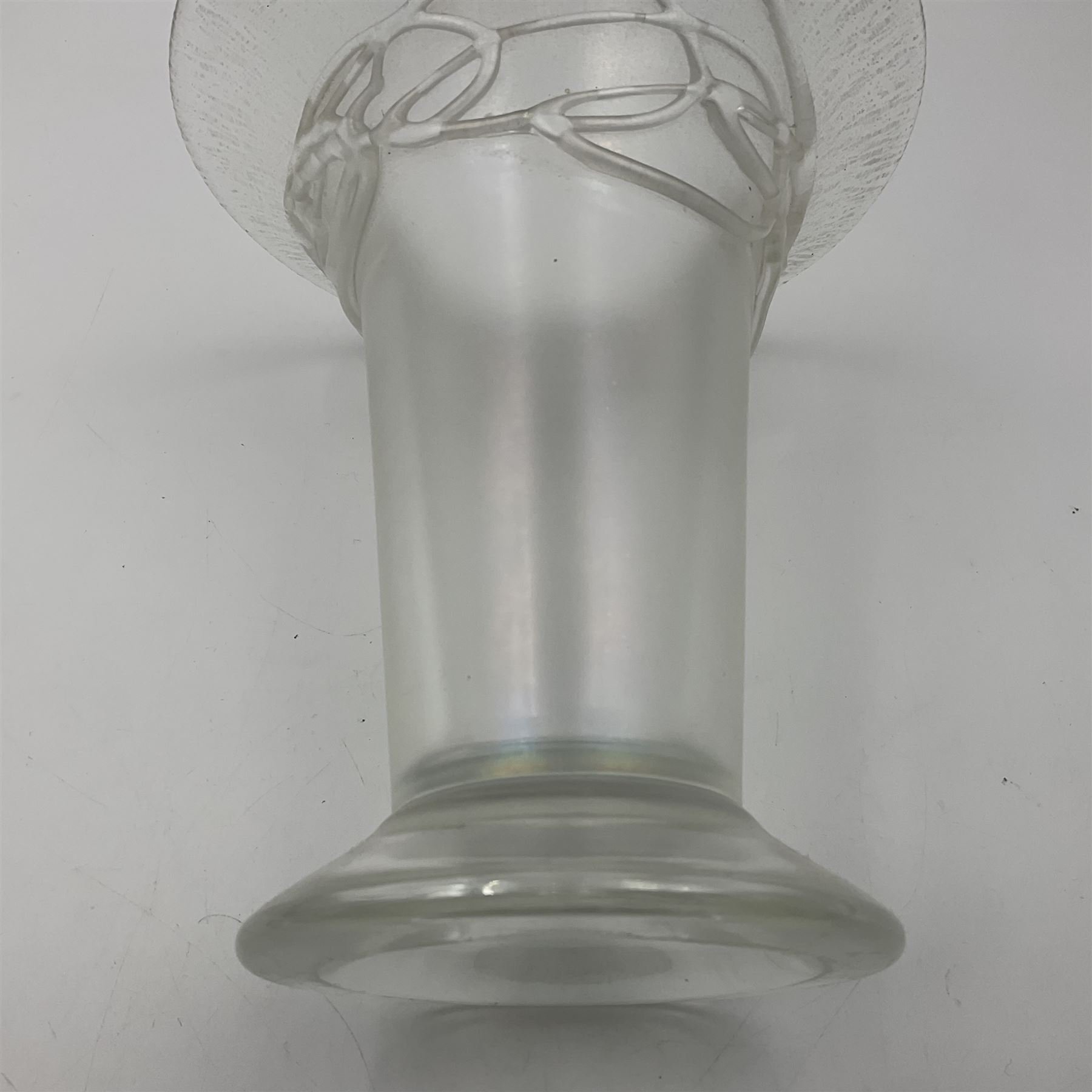 20th Century studio glass Okra Jack in the Pulpit vase, in deep blue with silvered trails, engraved signature, to base, together with David Wallace studio glass opalescent bottle and stopper and vase, Okra vase H30cm