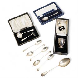 Elizabeth II silver egg cup and spoon London 1953, cased, silver spoon and pusher, six teaspoons and a dessert spoon