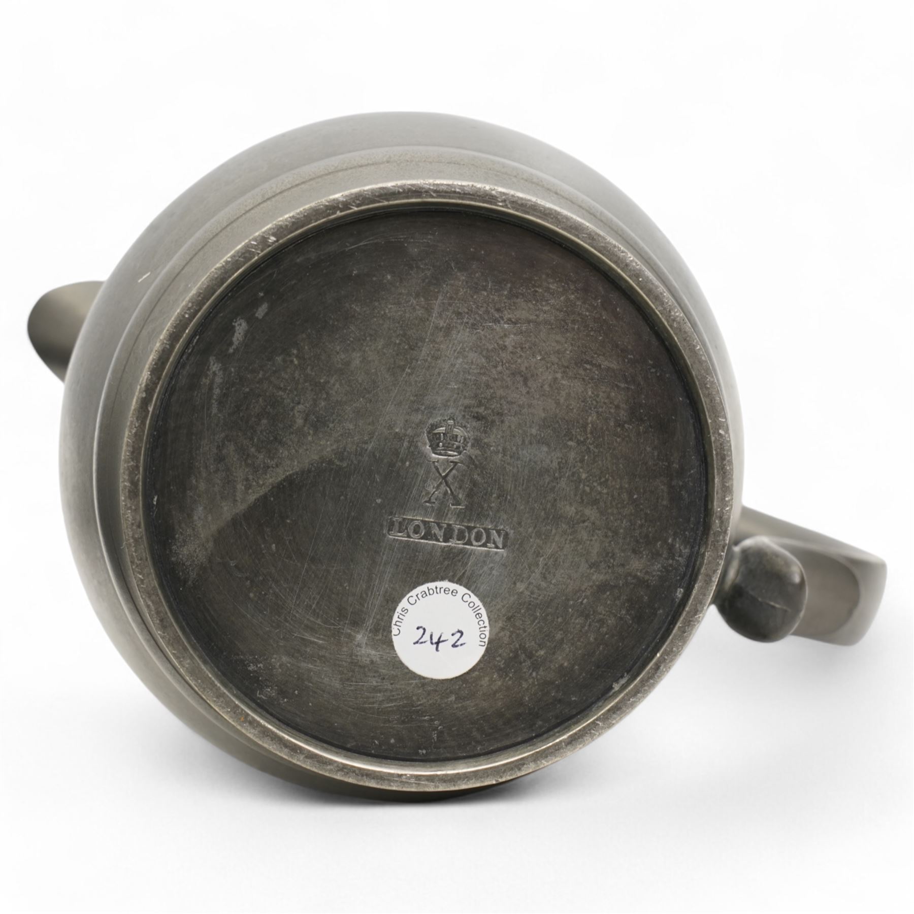 18th century pewter ale jug, circa 1790, with domed tappit lid and shell thumb piece, touch marks to base, H22cm