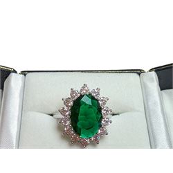 Silver green stone and cubic zirconia cluster ring, stamped 925, boxed 