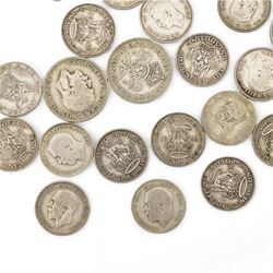 Approximately 300 grams of Great British pre 1947 silver coins, including two King George V 1935 crowns, florins etc