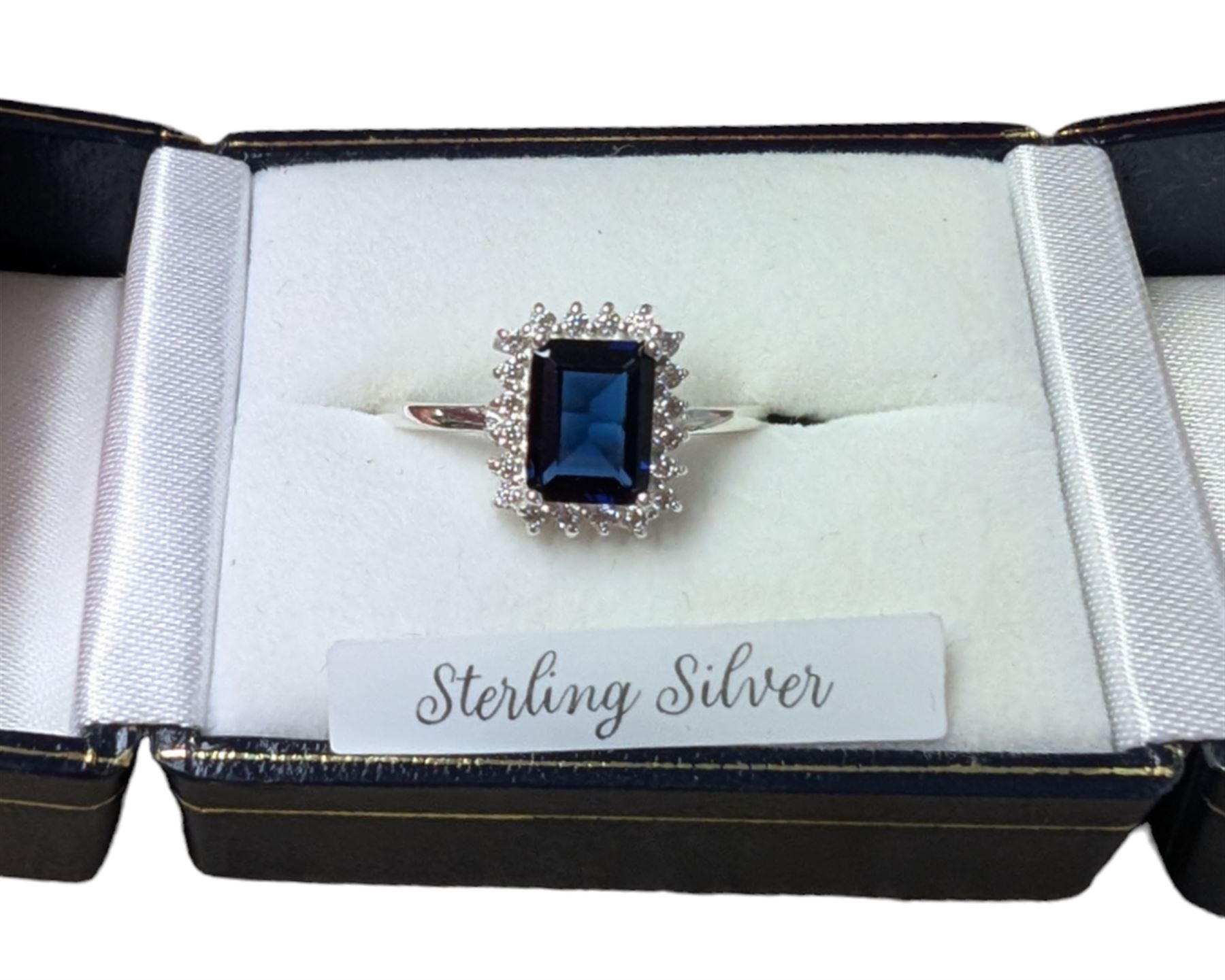 Silver cubic zirconia and blue stone cluster, stamped, boxed