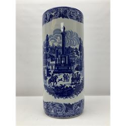 Blue and white umbrella stand, decorated with transfer print decorated with city scape, H43cm