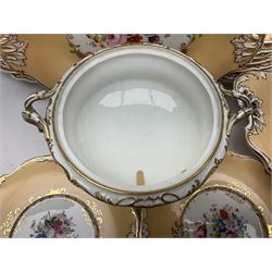 Victorian part dessert service, including eighteen plates, four small serving dishes, shallow dish, etc hand painted with floral sprigs within a cream border with floral panels, and heightened in gilt (26cm)