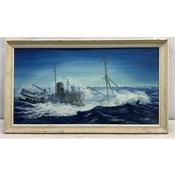 Keith Sutton (British 1924-1991): 'Cordella' Ship at Sea, oil on board signed, titled verso 39cm x 74cm 